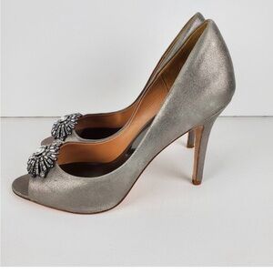 Badgley Mischka platinum, leather, bejeweled heel